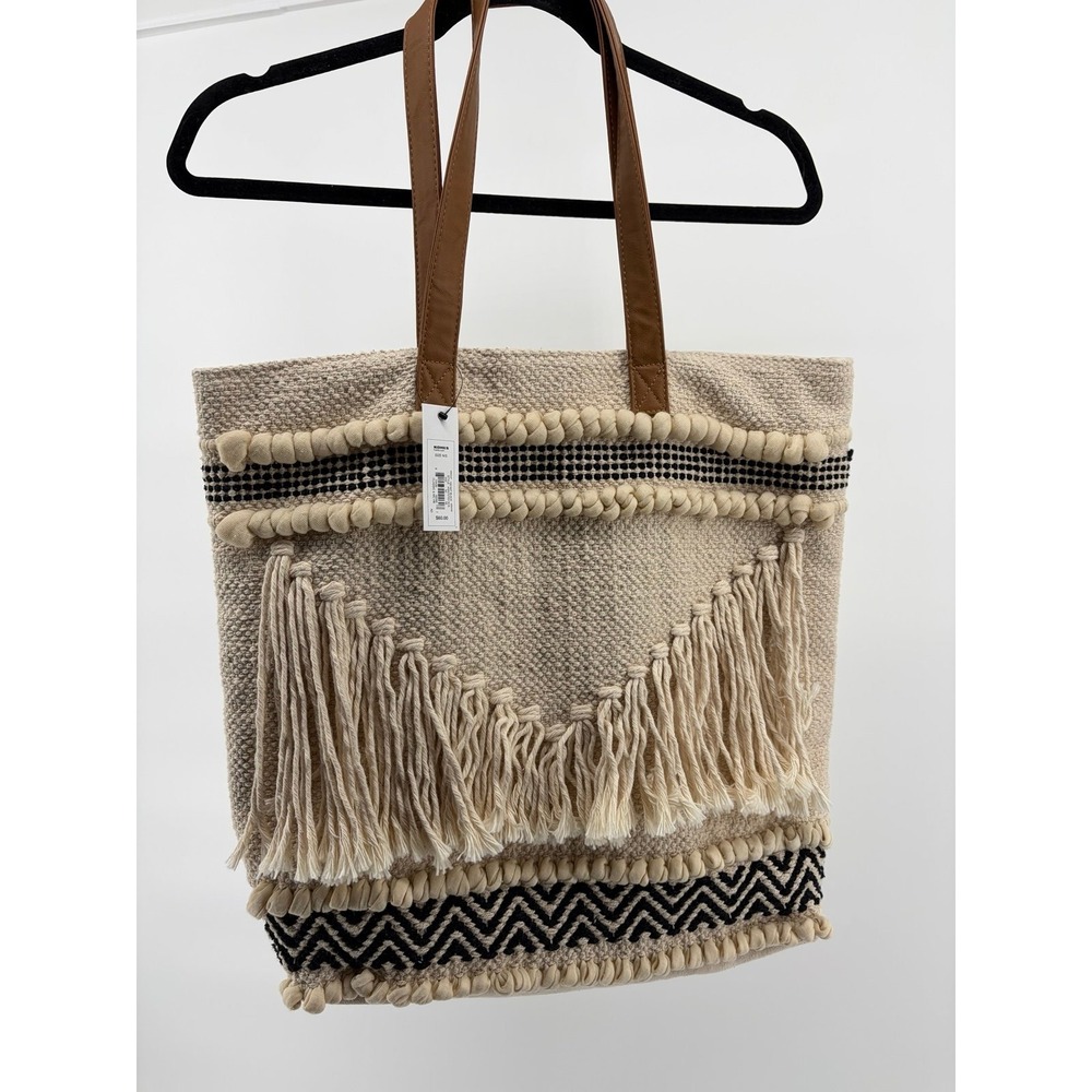 NWT Sonoma Goods For Life Large Canvas Folk Boho Art Deco Macrame Tote Handbag